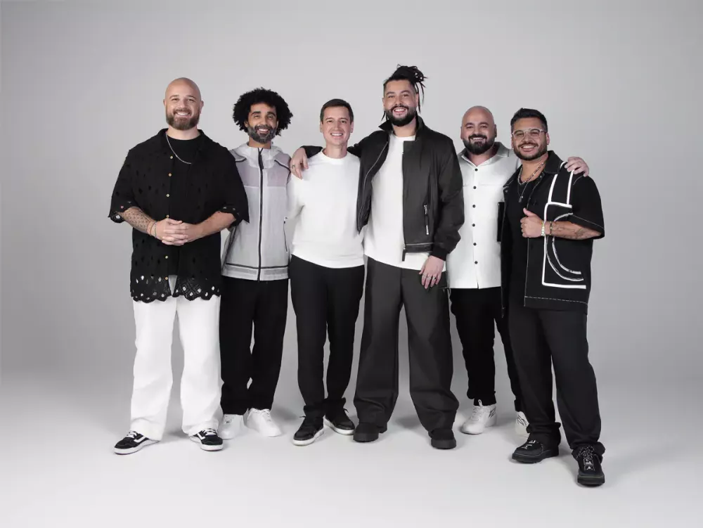 Fernando Gato (baixo), Felipe Sousa (guitarra), Lucas Giacomolli (sócio da Global Music), Tales de Polli (voz), Diego Andrade (percussão) e Fabinho Araújo (bateria) / Crédito: Pablo Grotto